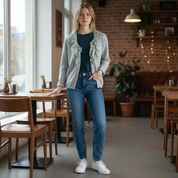 LiLiz Claiborne Ruffled Button Up Cardigan Sweater M Gray Romantic Boho Knit - Picture 8 of 8